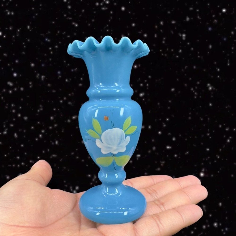 Antique Hand Blown Art Glass Vase Hand Made Painted Floral Blue With Ruffled Top